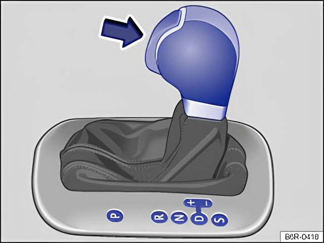 Rys. 113 Samochód z lewostronną kierownicą: dźwignia przełączania w przekładni automatycznej z przyciskiem blokady (strzałka)