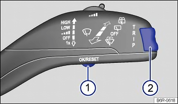 Rys. 13 Przycisk A w dźwigni wycieraczek do potwierdzania punktów menu i przełącznik B do przełączania menu. Rys. 13 Przycisk A w dźwigni wycieraczek do potwierdzania punktów menu i przełącznik B do przełączania menu.
