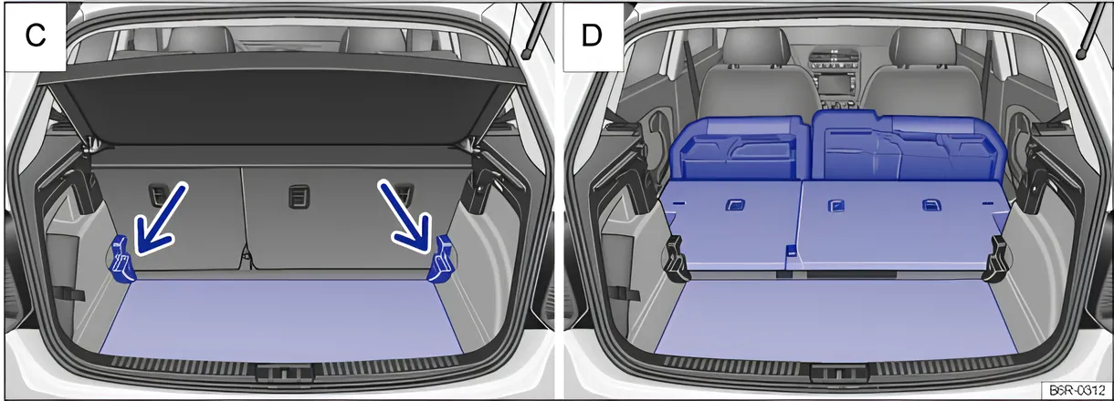 Rys. 88 C: przestrzeń bagażnika powiększona w dół; D: przygotowana maksymalna przestrzeń bagażnika