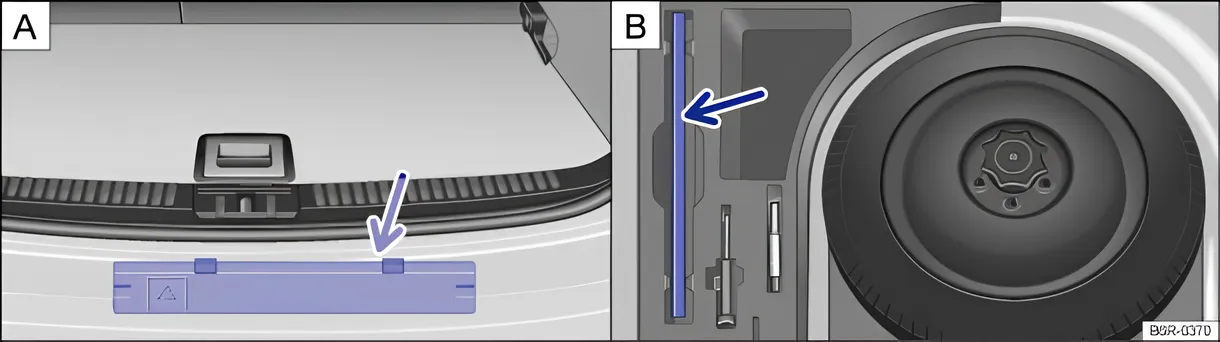 Rys. 156 W przestrzeni bagażnika. Wariant A: trójkąt ostrzegawczy poniżej krawędzi ładunkowej, Wariant B: trójkąt ostrzegawczy razem z narzędziami samochodowymi.